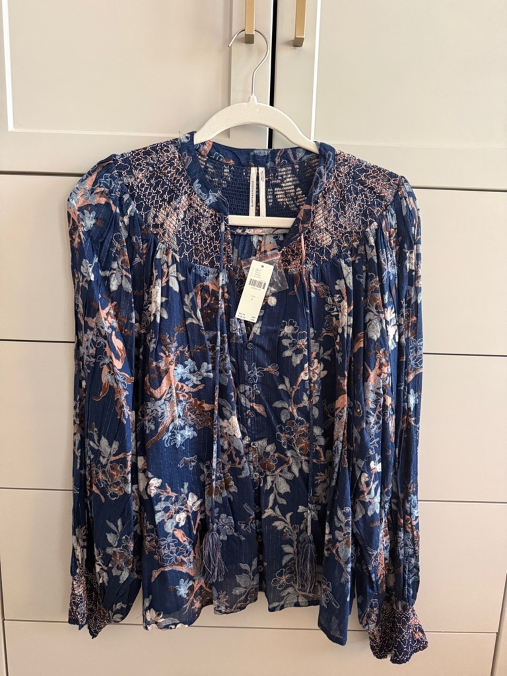 Anthropologie Navy Blue Floral Smocked Blouse